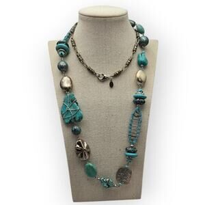 Chico’s Turquoise Necklace Boho Mixed Media Beaded Silver Tone - Modern Chic